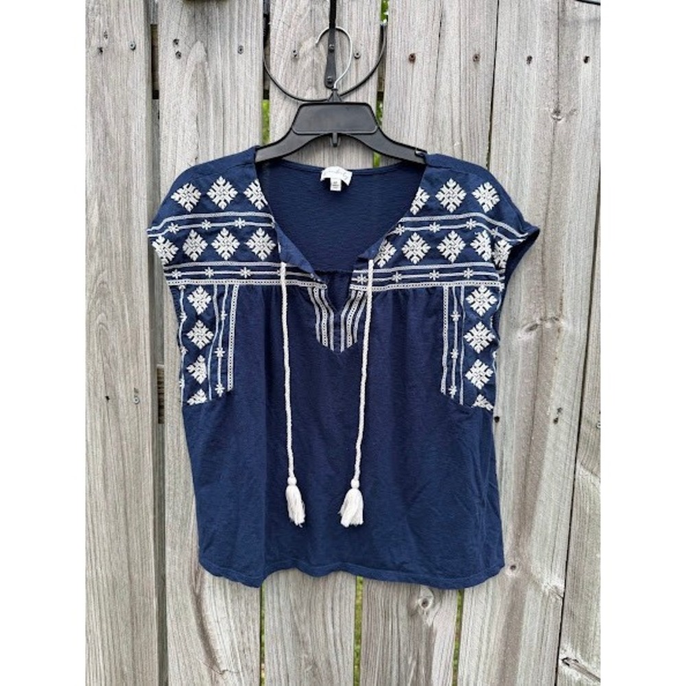 Boho Peasant Embroidered Wonderly Blouse‎ Womens Medium Navy Blue Tassel Top